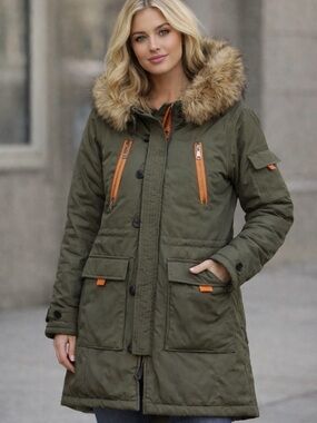 Women's Olive Green Hooded Puffer Coat missing Faux Fur Trim